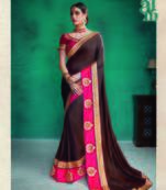 Brown embroidered satin saree with blouse