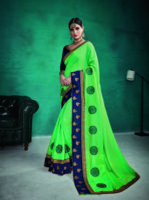 Blue embroidered satin saree with blouse 1