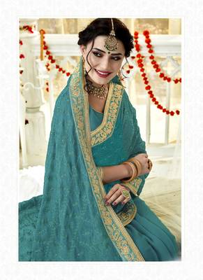Sky blue embroidered georgette saree with blouse 2