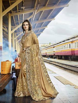 Golden embroidered lycra saree with blouse 1