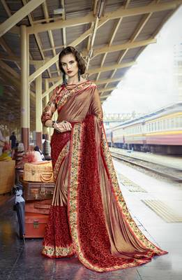 Maroon embroidered lycra saree with blouse 1