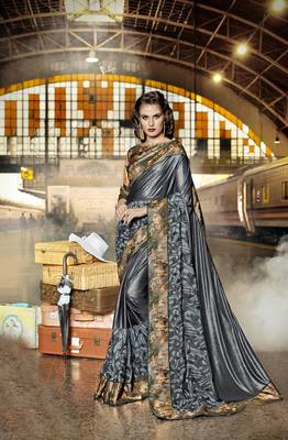 Grey embroidered lycra saree with blouse 1