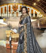 Grey embroidered lycra saree with blouse