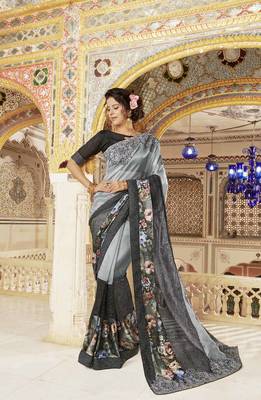 Grey embroidered satin saree with blouse 1