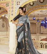 Grey embroidered satin saree with blouse
