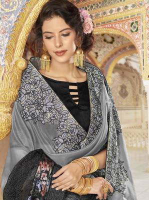 Grey embroidered satin saree with blouse 2