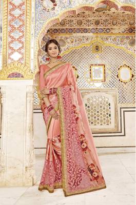 Peach embroidered satin saree with blouse 1