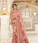 Peach embroidered satin saree with blouse