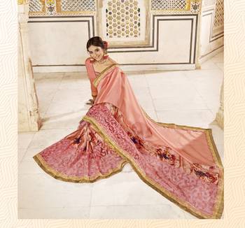 Peach embroidered satin saree with blouse 2