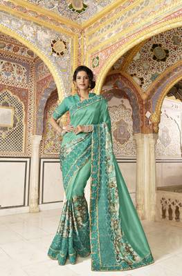 Green embroidered satin saree with blouse 1