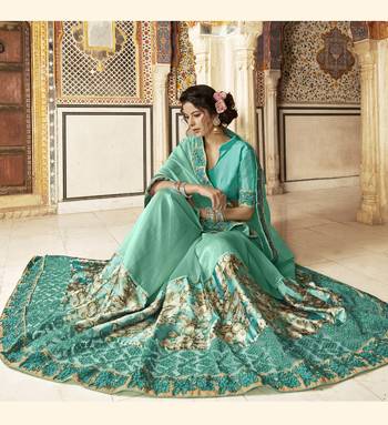 Green embroidered satin saree with blouse 2