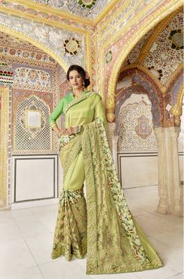 Olive embroidered satin saree with blouse 1
