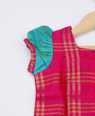 Pink Printed Raw Dupion Silk Kids Pavadai Set 5