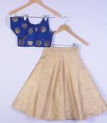 Kids Royal Blue Blouse And Golden Lahenga Choli For Girl