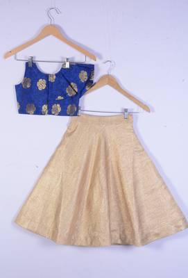 Kids Royal Blue Blouse And Golden Lahenga Choli For Girl 2