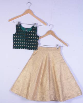 Kids Green Blouse And Golden Lahenga Choli For Girl 1