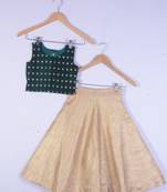 Kids Green Blouse And Golden Lahenga Choli For Girl