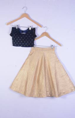 Girl Blue Blouse And Golden Cotton Silk Lahenga Choli For Girl 1