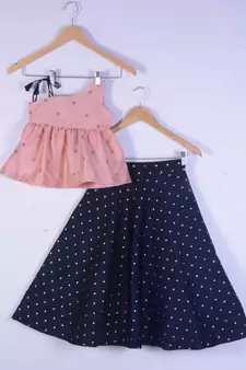 Girl Pink Top And Blue Lahenga Choli For Kids
