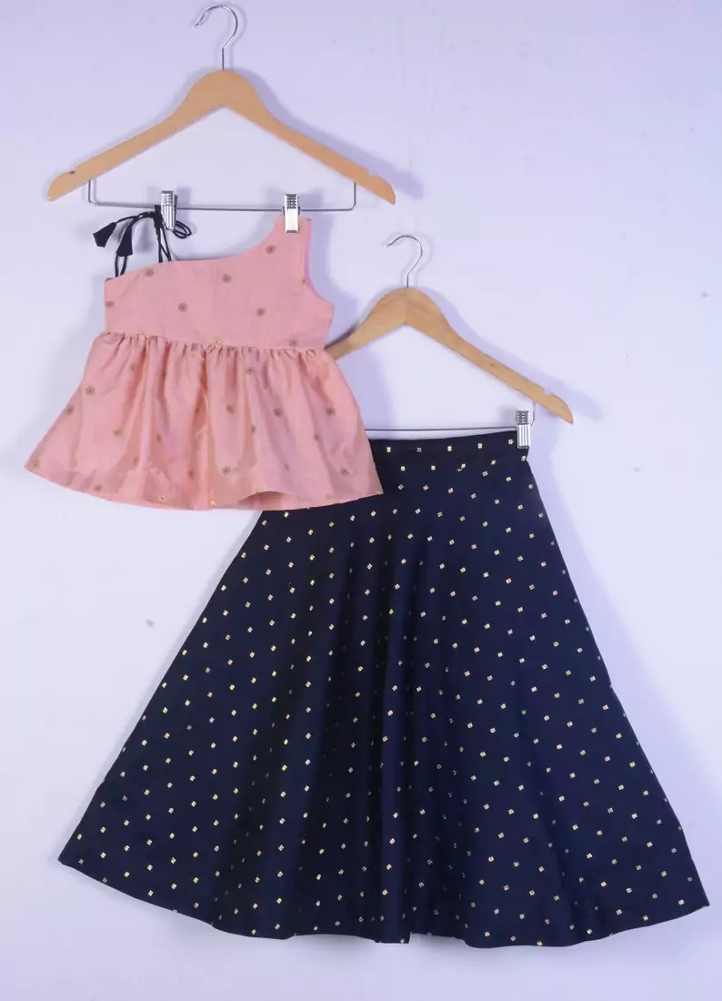 Girl Pink Top And Blue Lahenga Choli For Kids