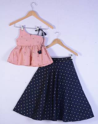 Girl Pink Top And Blue Lahenga Choli For Kids 2