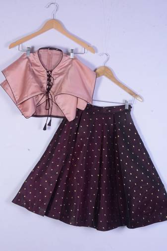 Girl Peach And Maroon Colour Lahenga Choli For Kids