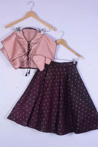 Girl Peach And Maroon Colour Lahenga Choli For Kids