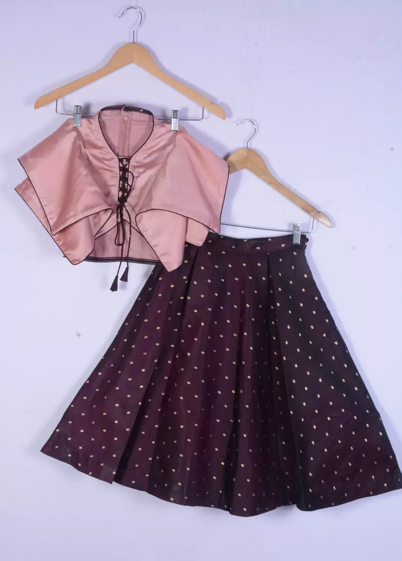 Girl Peach And Maroon Colour Lahenga Choli For Kids