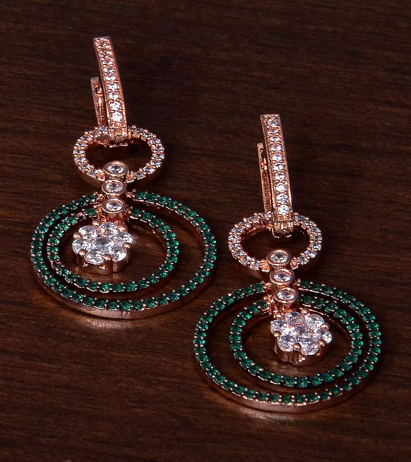 Emerald Embellished Rose Gold Plated American Diamond Earrings 216ED271