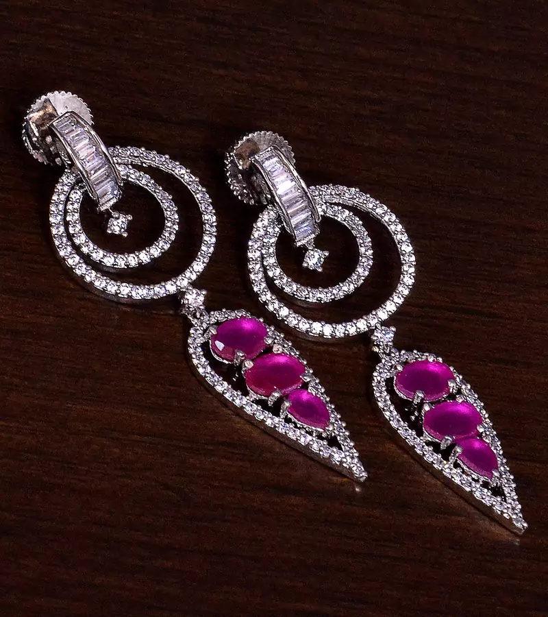 Rhodium Plated Ruby Embellished American Diamond Danglers 216ED274