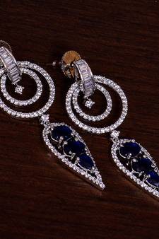 Sapphire Embellished Rhodium Plated American Diamond Earrings 216ED275