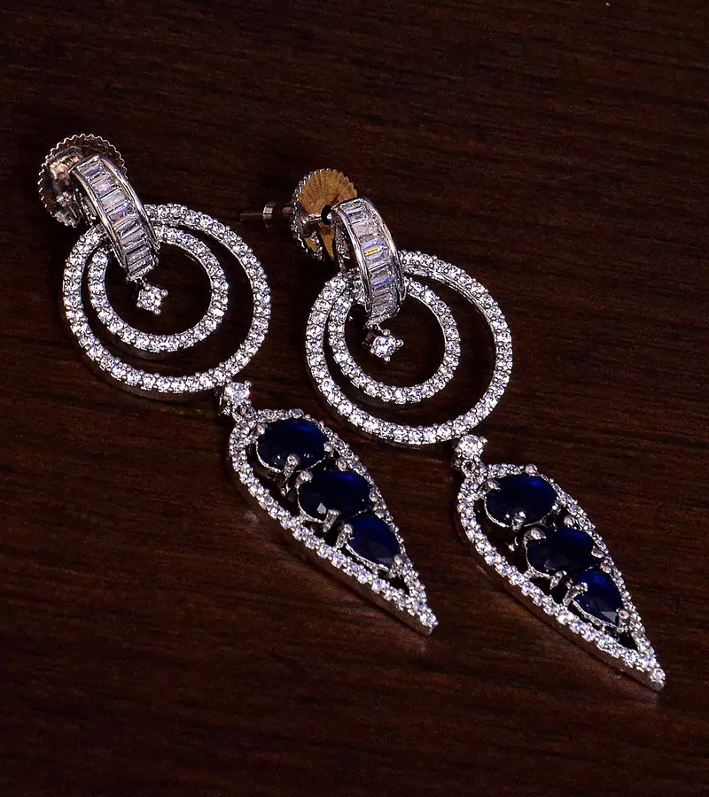Sapphire Embellished Rhodium Plated American Diamond Earrings 216ED275