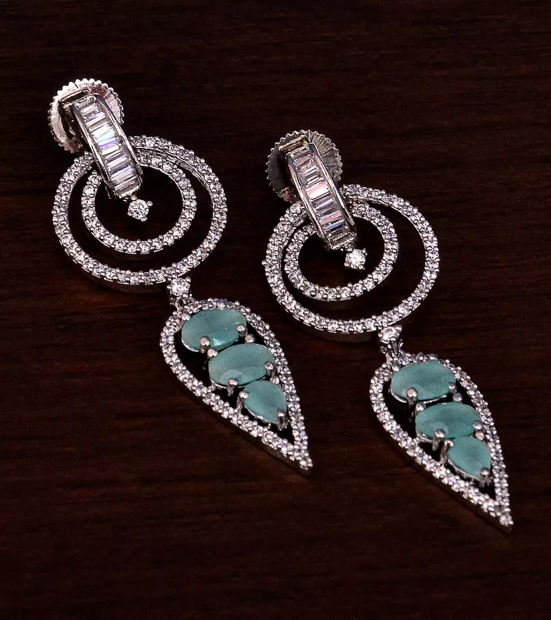 Rhodium Plated Mint Stone Embellished American Diamond Danglers 216ED277
