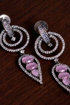 Black Gold Plated Pink Stone Embellished American Diamond Danglers 216ED278
