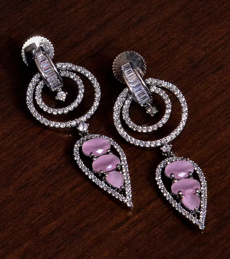 Black Gold Plated Pink Stone Embellished American Diamond Danglers 216ED278