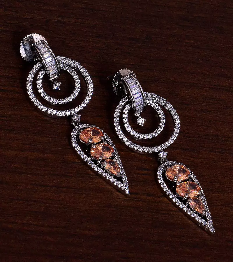 Black Gold Plated Champagne Stone Embellished American Diamond Dangles 216ED280