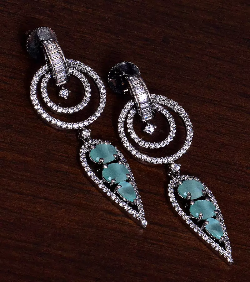 Black Gold Plated Mint Stone Embellished American Diamond Danglers 216ED282
