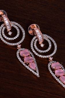 Rose Gold Plated Pink Stone Embellished American Diamond Earrings 216ED284