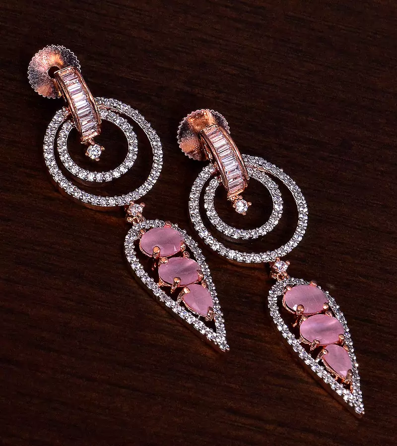 Rose Gold Plated Pink Stone Embellished American Diamond Earrings 216ED284