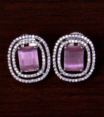 Rhodium Plated Pink Stone Embellished American Diamond Stud 216ED288 1