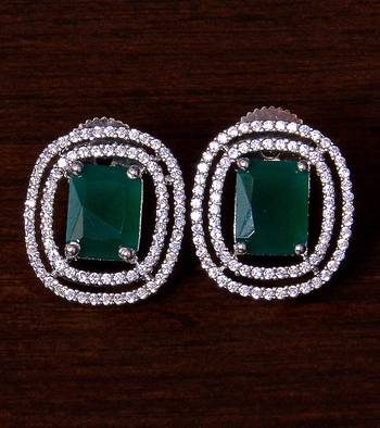 Rhodium Plated Emerald Embellished American Diamond Stud 216ED289 1