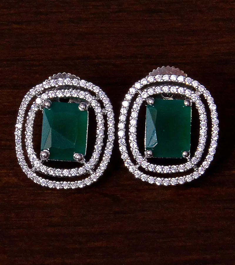 Rhodium Plated Emerald Embellished American Diamond Stud 216ED289