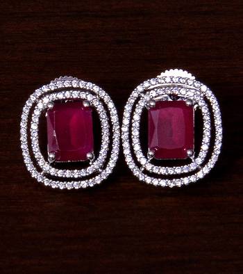 Rhodium Plated Ruby Embellished American Diamond Stud 216ED290 1