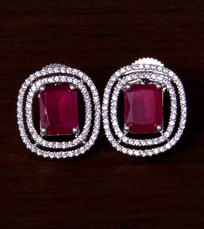Rhodium Plated Ruby Embellished American Diamond Stud 216ED290