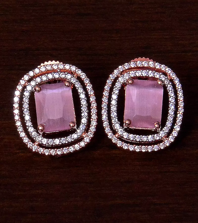 Rose Gold Plated Pink Stone Embellished American Diamond Stud 216ED293
