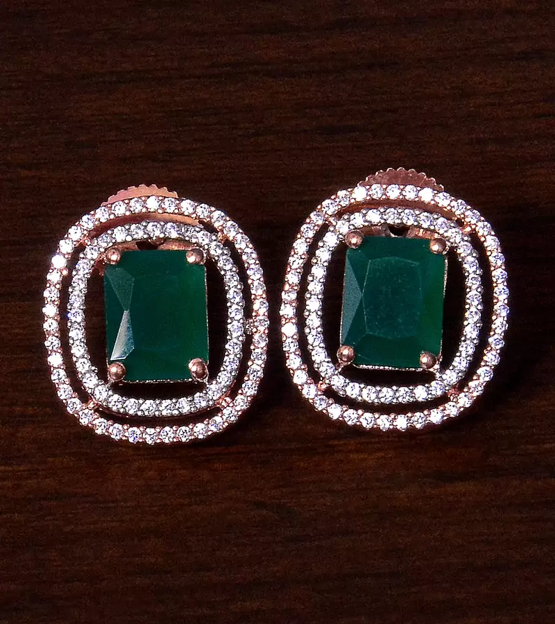 Rose Gold Plated Emerald Embellished American Diamond Stud 216ED294