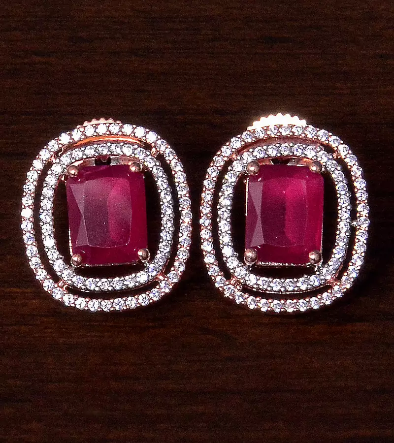 Rose Gold Plated Ruby Embellished American Diamond Stud 216ED295