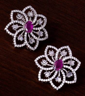 Ruby Embellished Rhodium Plated American Diamond Earrings 216ED296 1