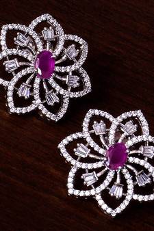 Ruby Embellished Rhodium Plated American Diamond Earrings 216ED296