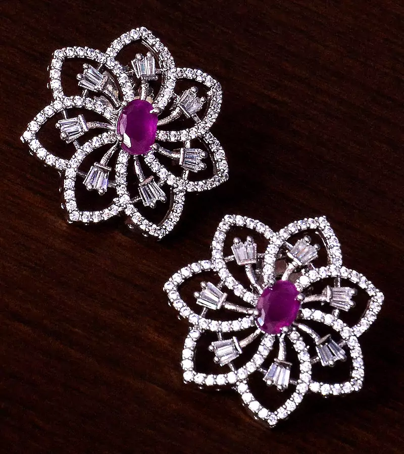 Ruby Embellished Rhodium Plated American Diamond Earrings 216ED296